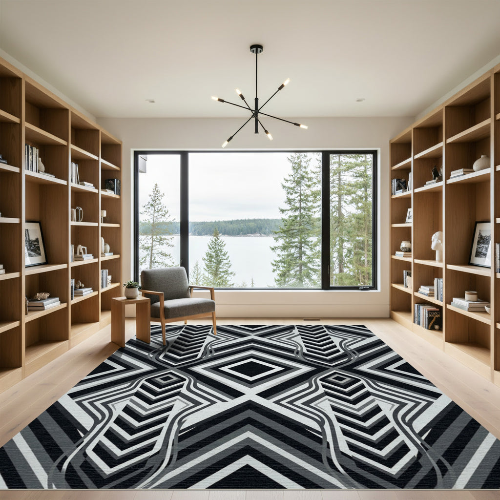 Monochrome Geometric Chevron Diamond Grid Rug