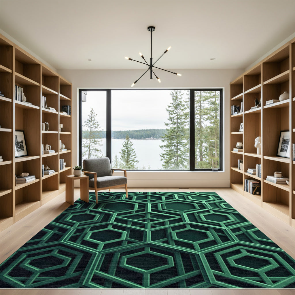 Deep Emerald Geometric Hexagon Web Rug