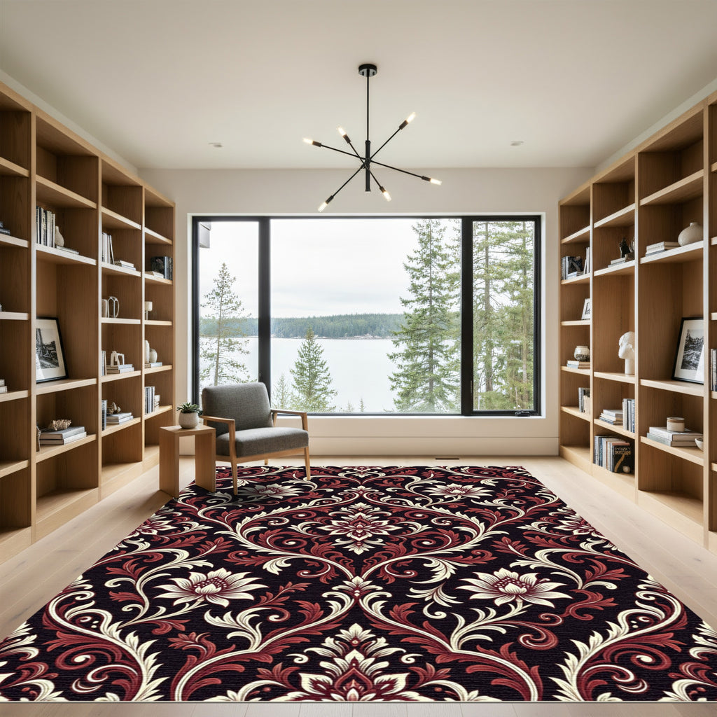 Rich Burgundy Cream Floral Damask Rug