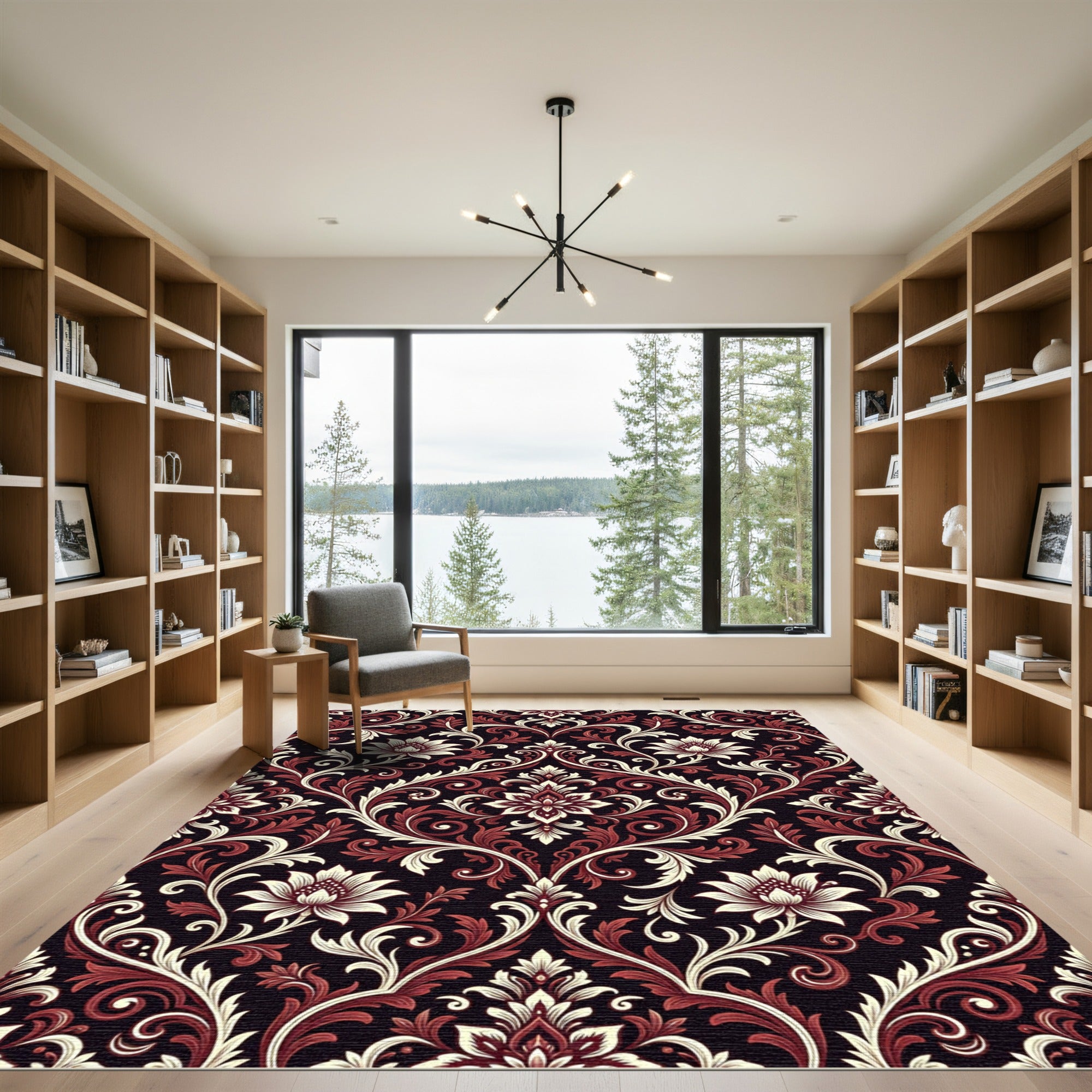 Rich Burgundy Cream Floral Damask Rug
