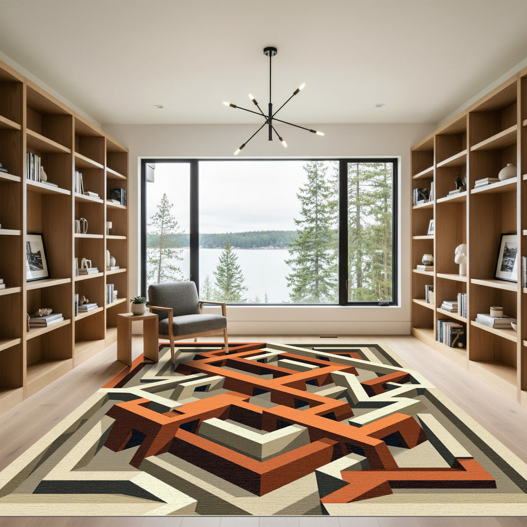 Isometric Terracotta Cream Geometric Labyrinth Rug