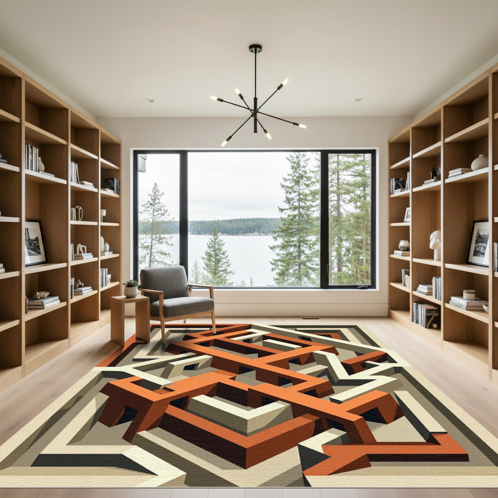 Isometric Terracotta Cream Geometric Labyrinth Rug
