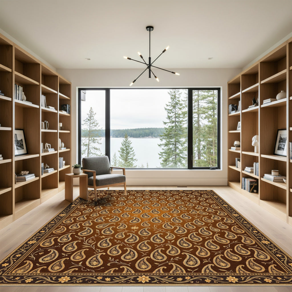 Rich Amber Paisley Floral Border Rug