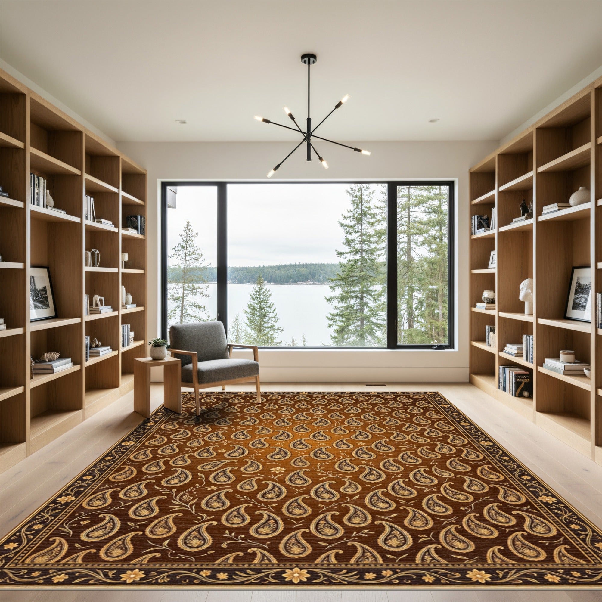 Rich Amber Paisley Floral Border Rug