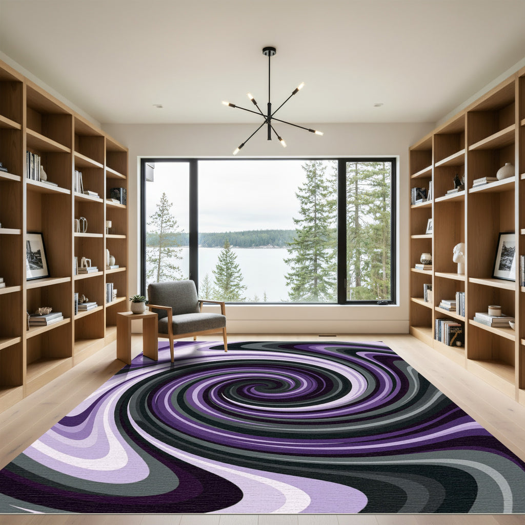 Modern Swirling Purple and Gray Vortex Rug