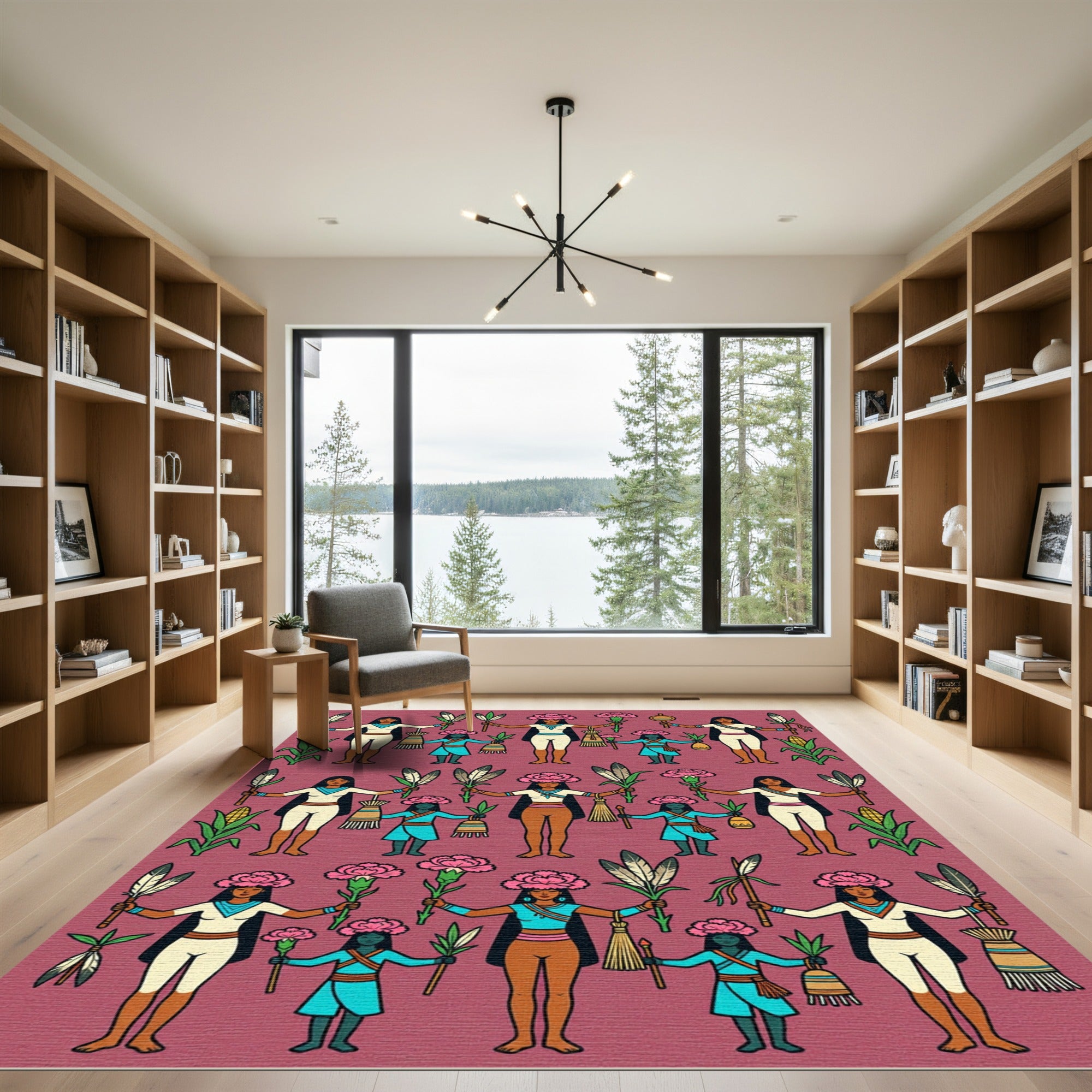 Native American Figures Floral Corn Pattern Rug