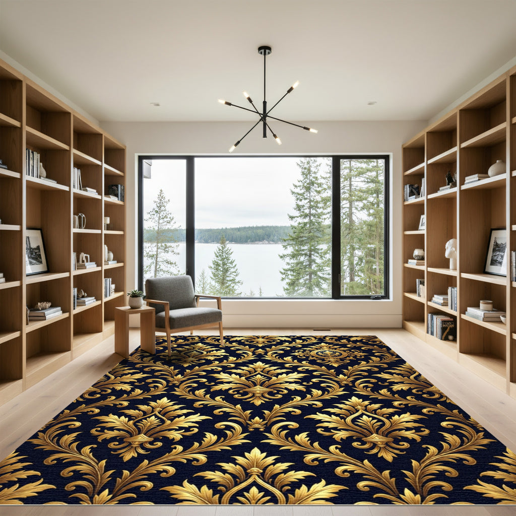 Luxury Gold Ornate Damask Navy Rug