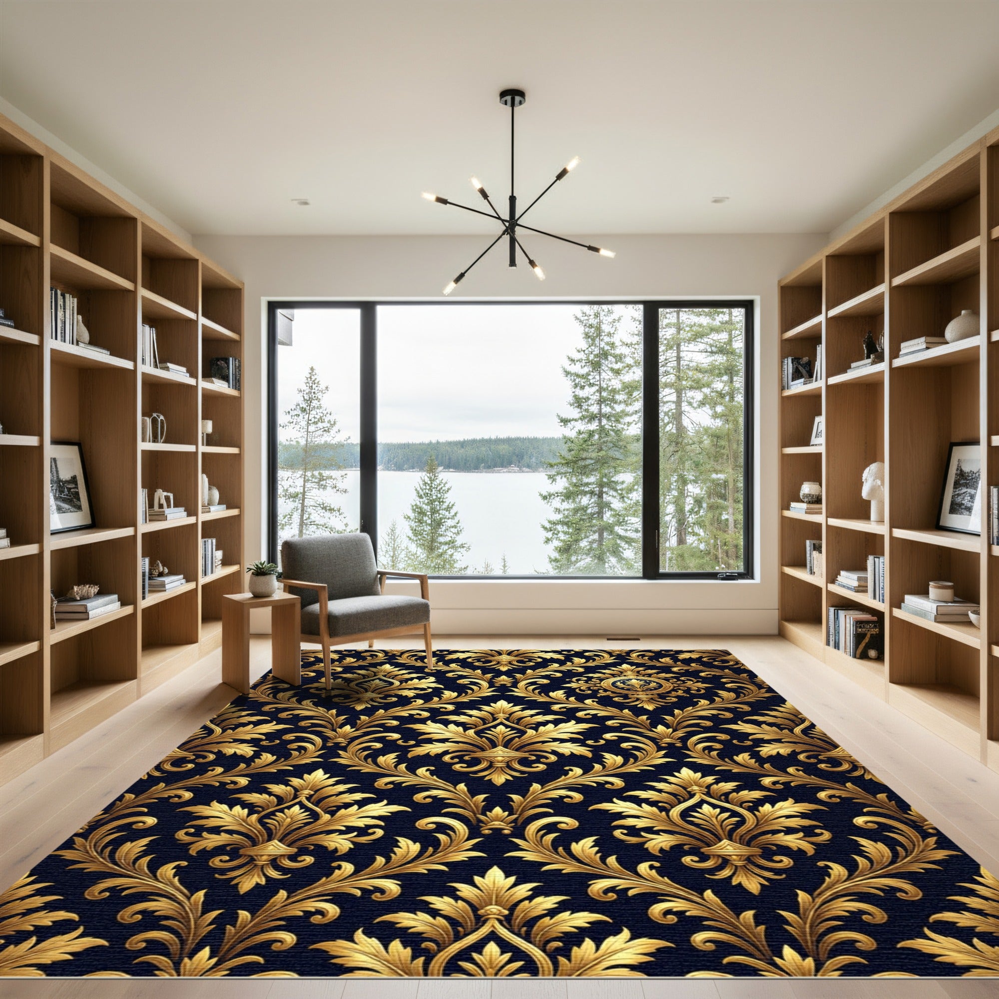 Luxury Gold Ornate Damask Navy Rug