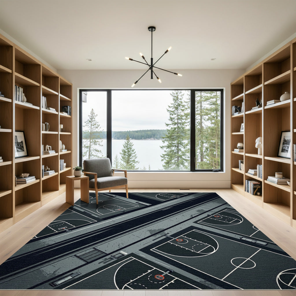 Minimalist Charcoal Basketball Court Illustration Rug