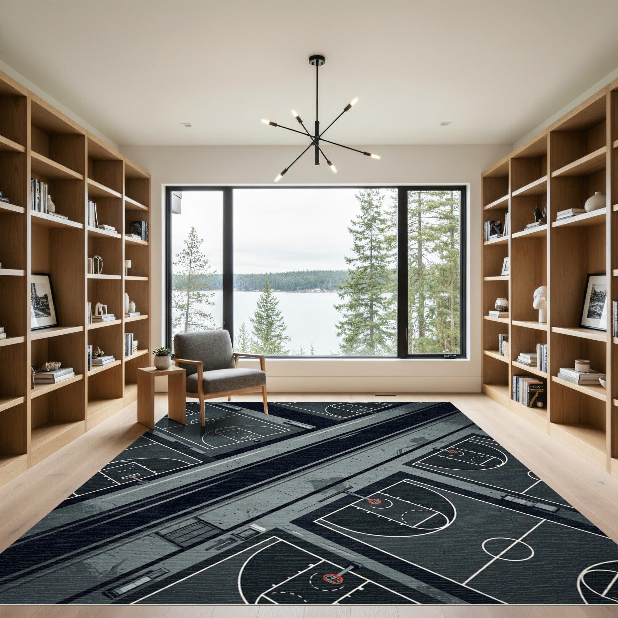 Minimalist Charcoal Basketball Court Illustration Rug