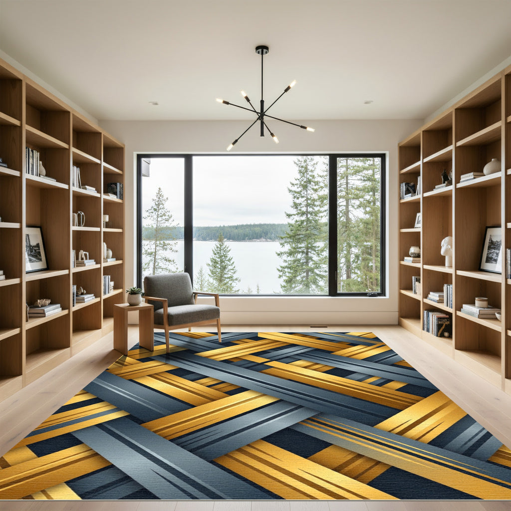 Metallic Gold and Slate Interwoven Grid Rug