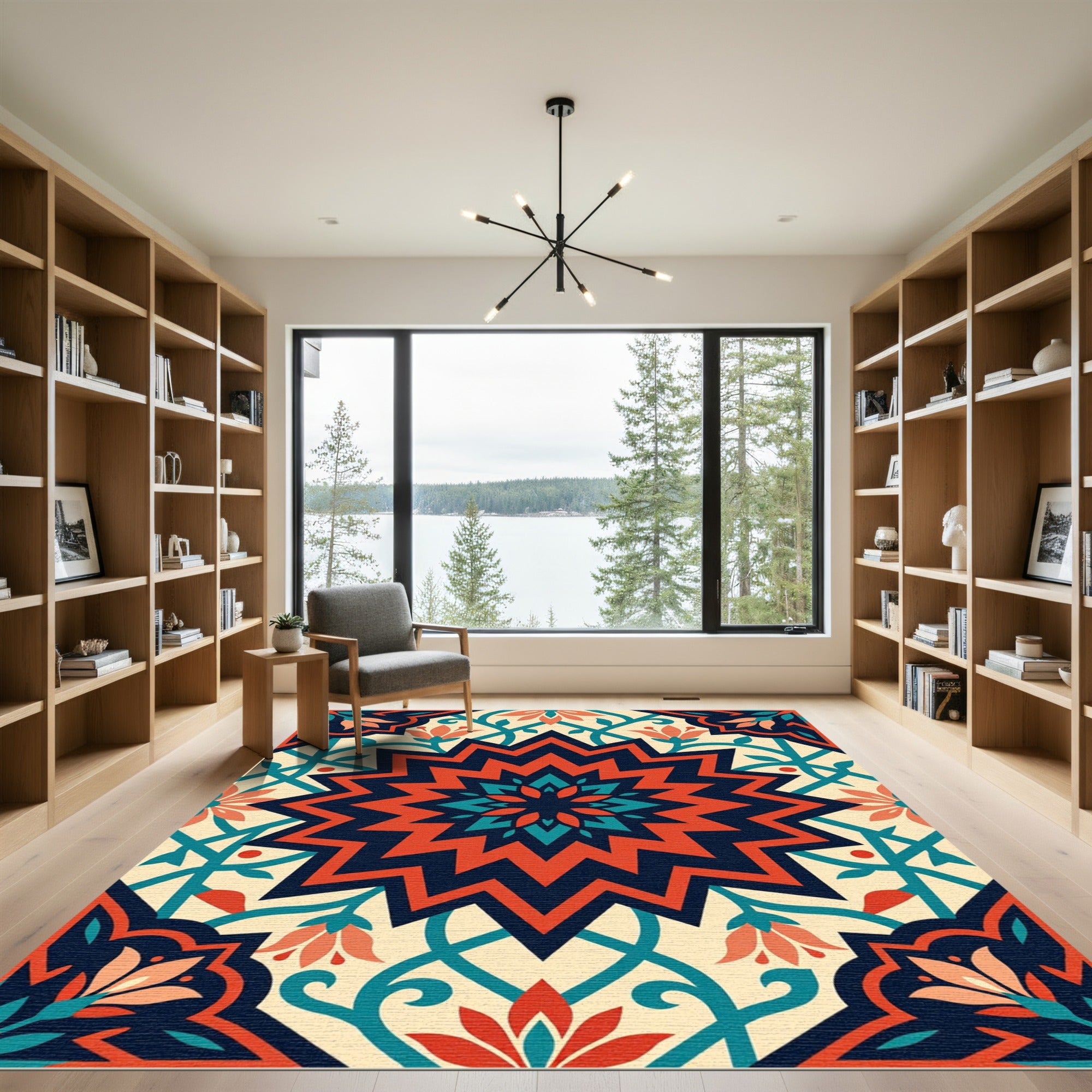 Bold Geometric Orange Teal Floral Medallion Rug