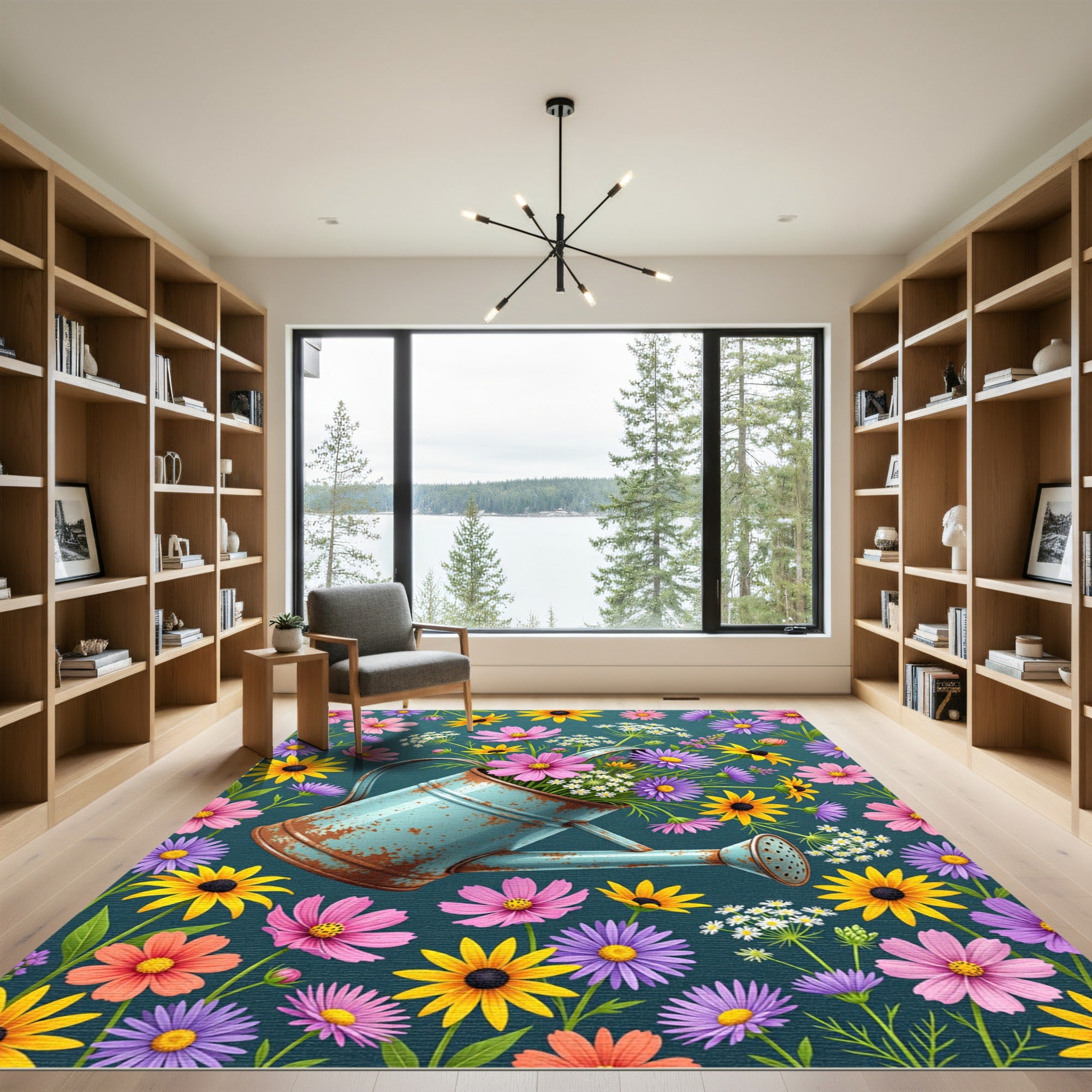 Rustic Teal Watering Can Floral Field Rug
