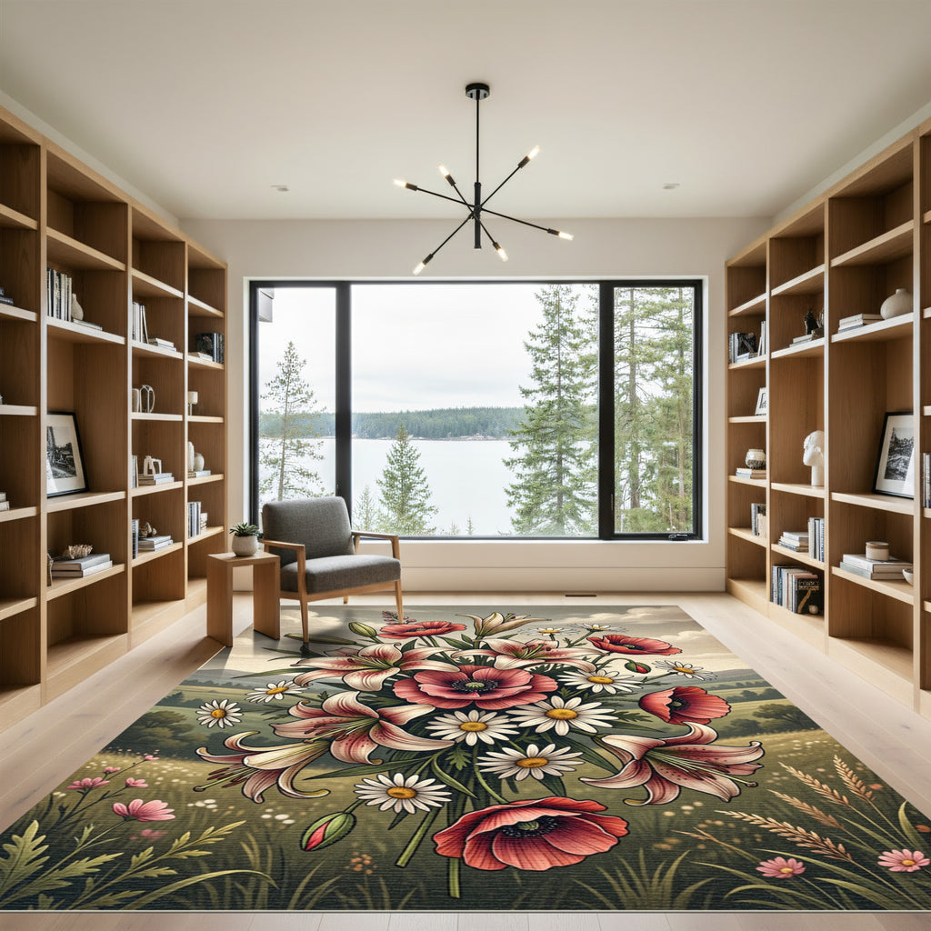 Pink Lily Poppies Daisy Field Meadow Rug
