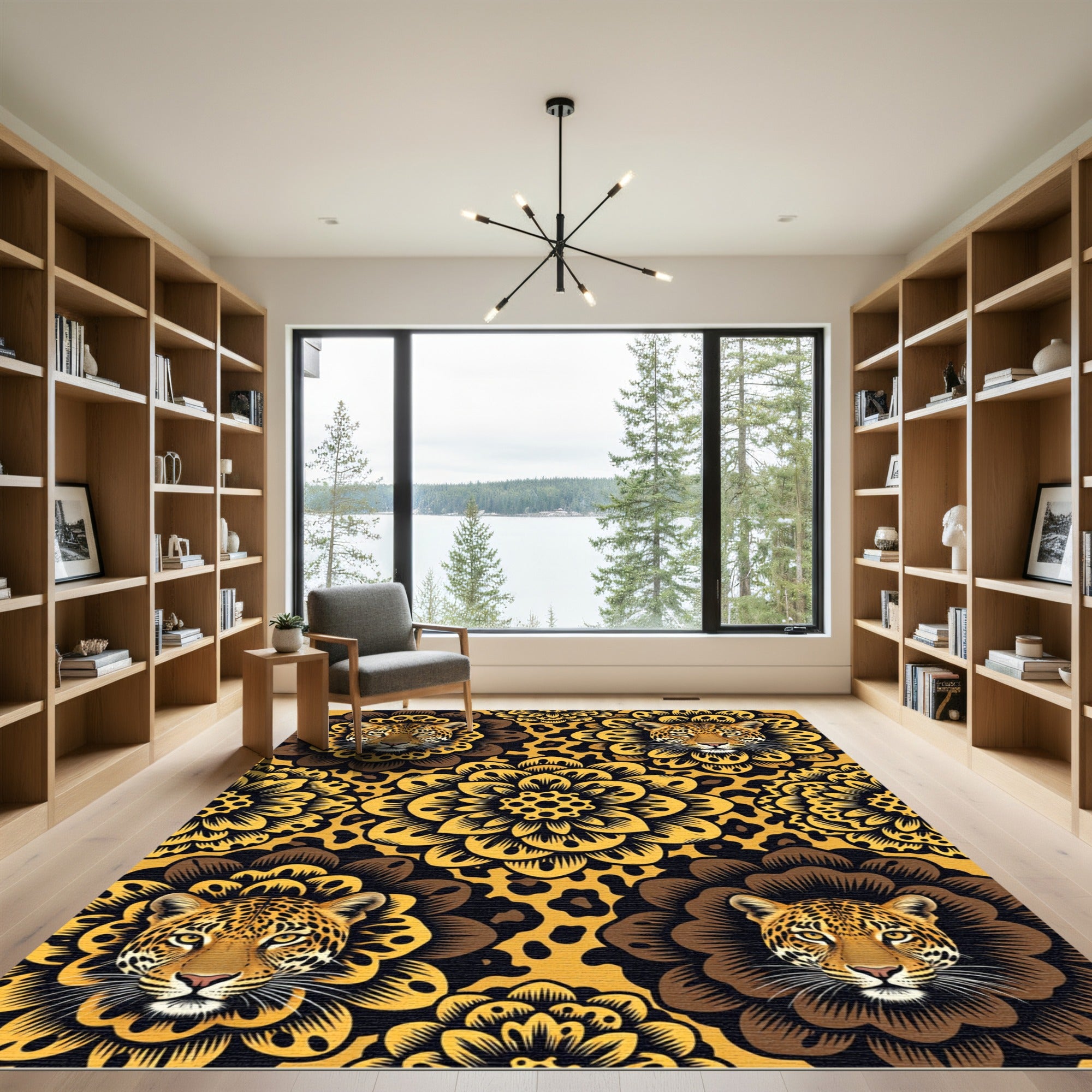 Bold Golden Leopard Floral Medallion Rug