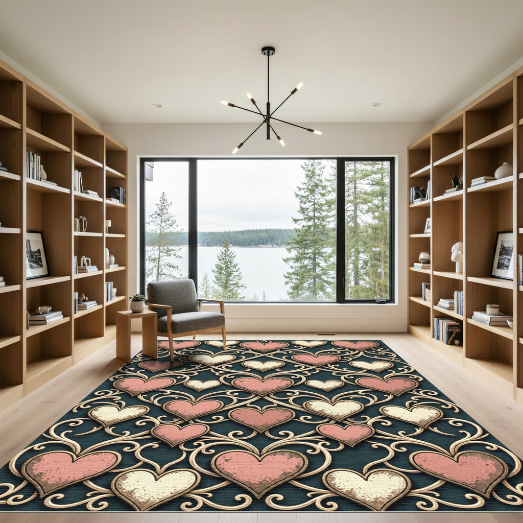 Vintage Ornate Pink Heart Scroll Rug