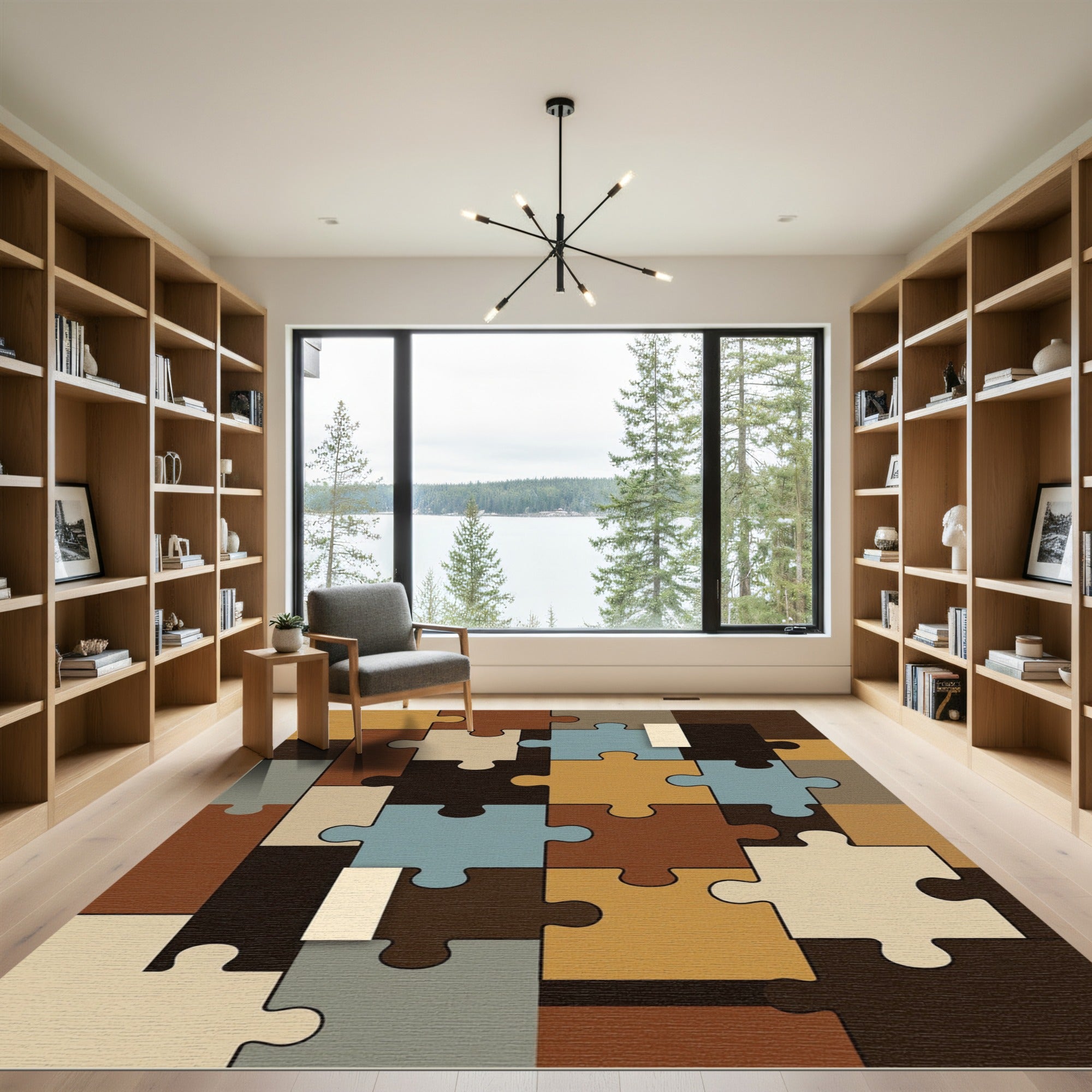 Brown Blue Cream Tan Puzzle Pieces Rug