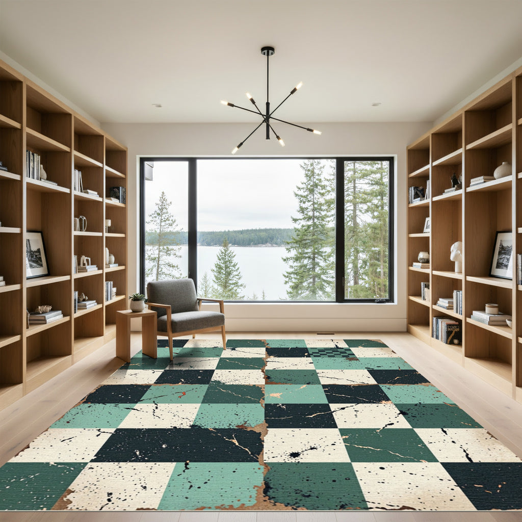 Green Black Cream Checkered Splatter Rug
