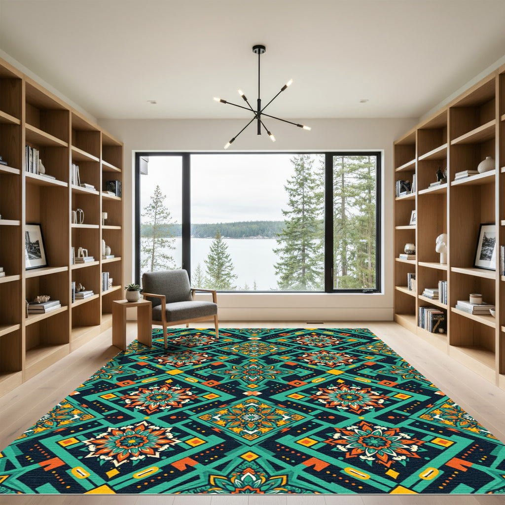 Emerald Teal Orange Mandala Diamond Rug