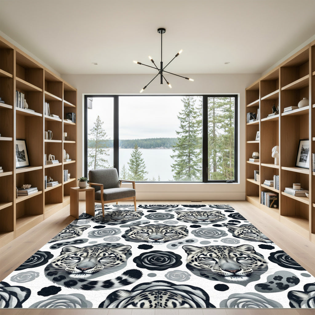 Monochromatic Snow Leopard Rose Floral Rug