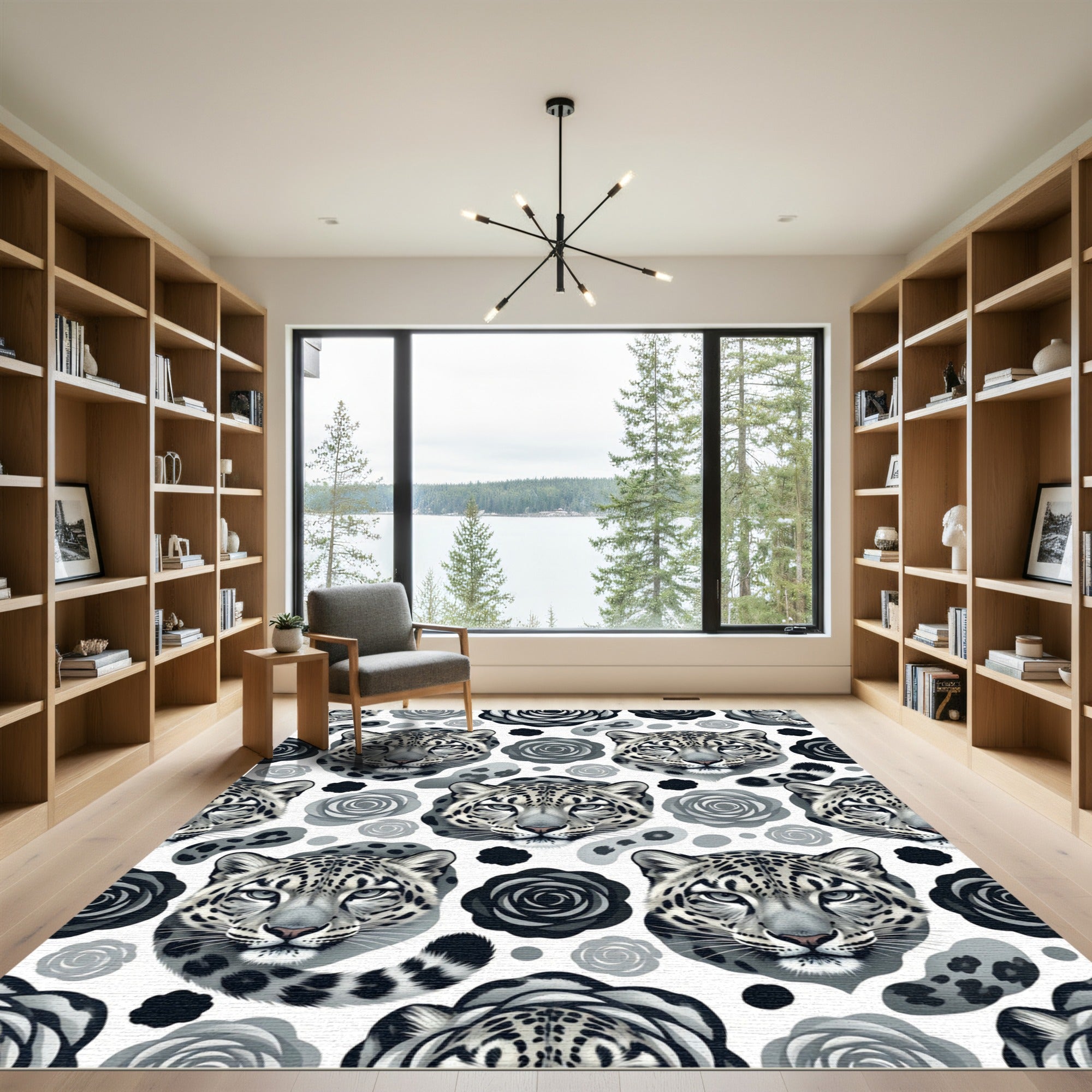 Monochromatic Snow Leopard Rose Floral Rug