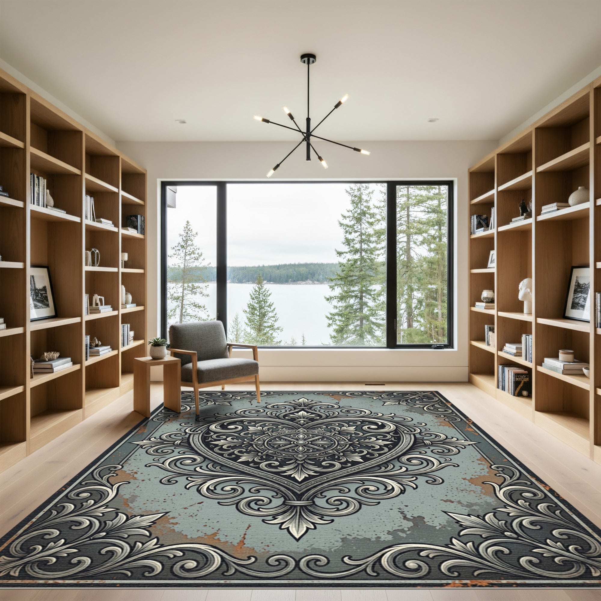 Ornate Damask Gray Heart Medallion Rug
