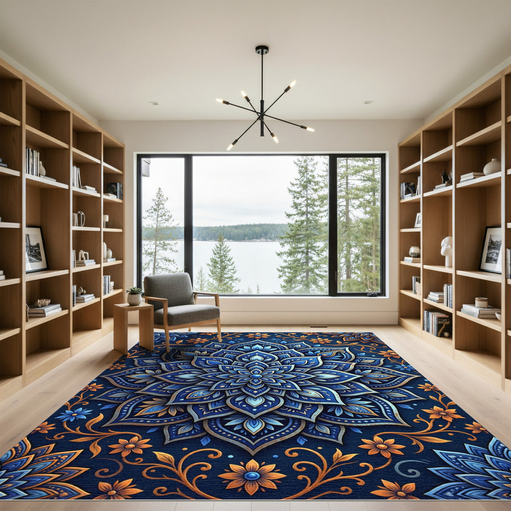 Elegant Indigo Gold Floral Mandala Rug