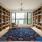 Elegant Indigo Gold Floral Mandala Rug