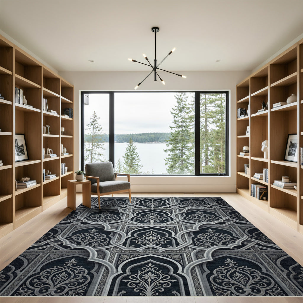 Dark Gray Floral Archway Lattice Rug
