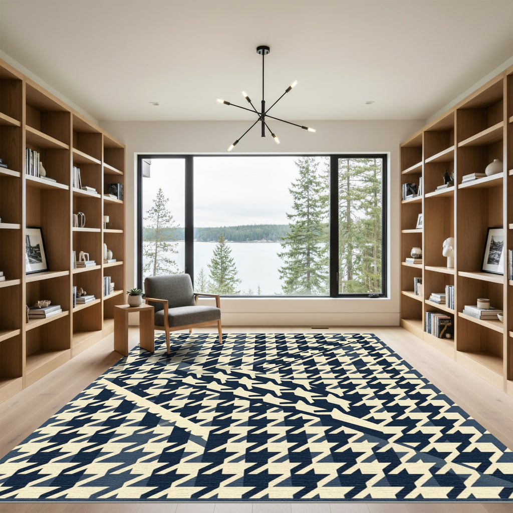 Navy Blue Modern Houndstooth Geometric Diagonal Rug