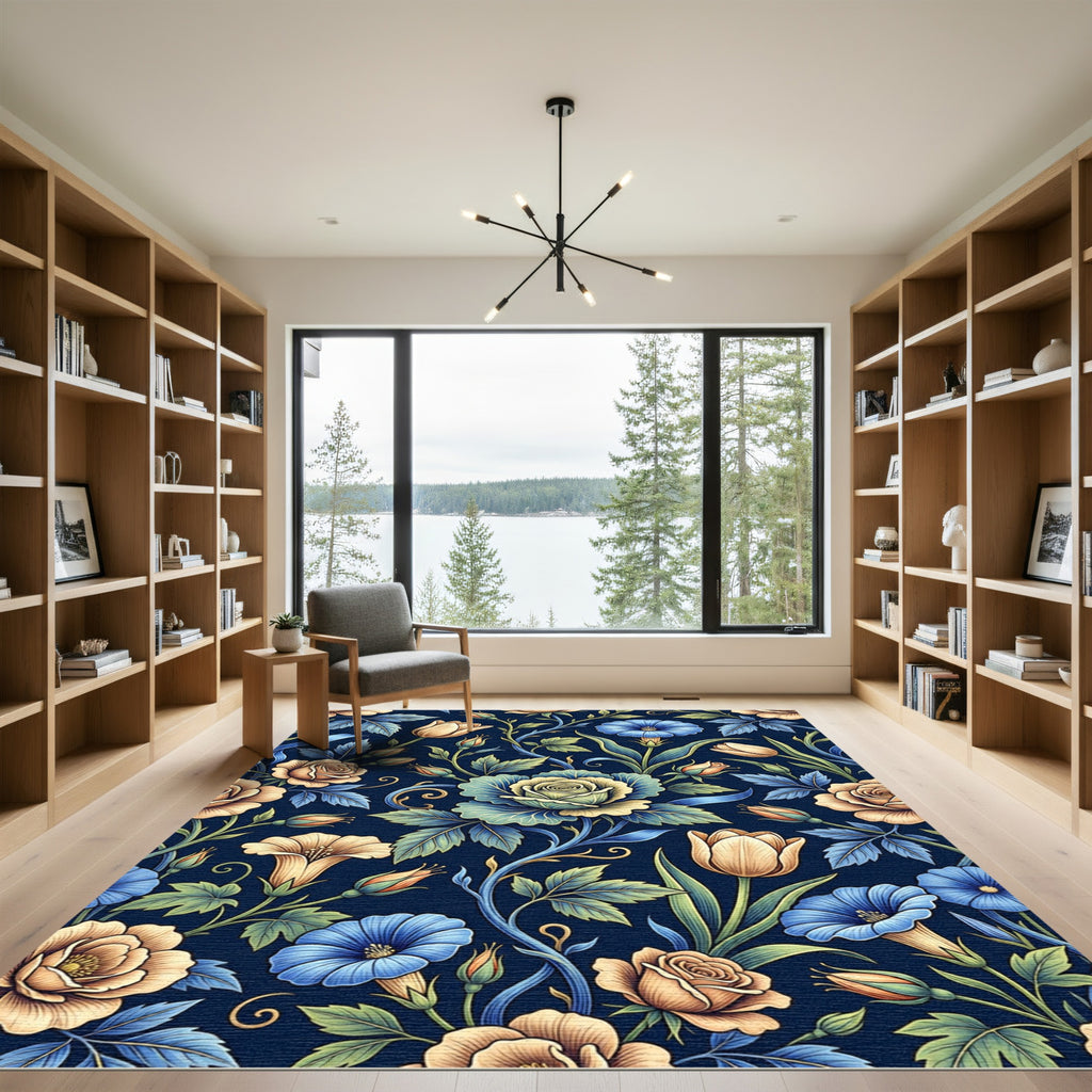 Peachy Blush Blue Floral Scrollwork Rug