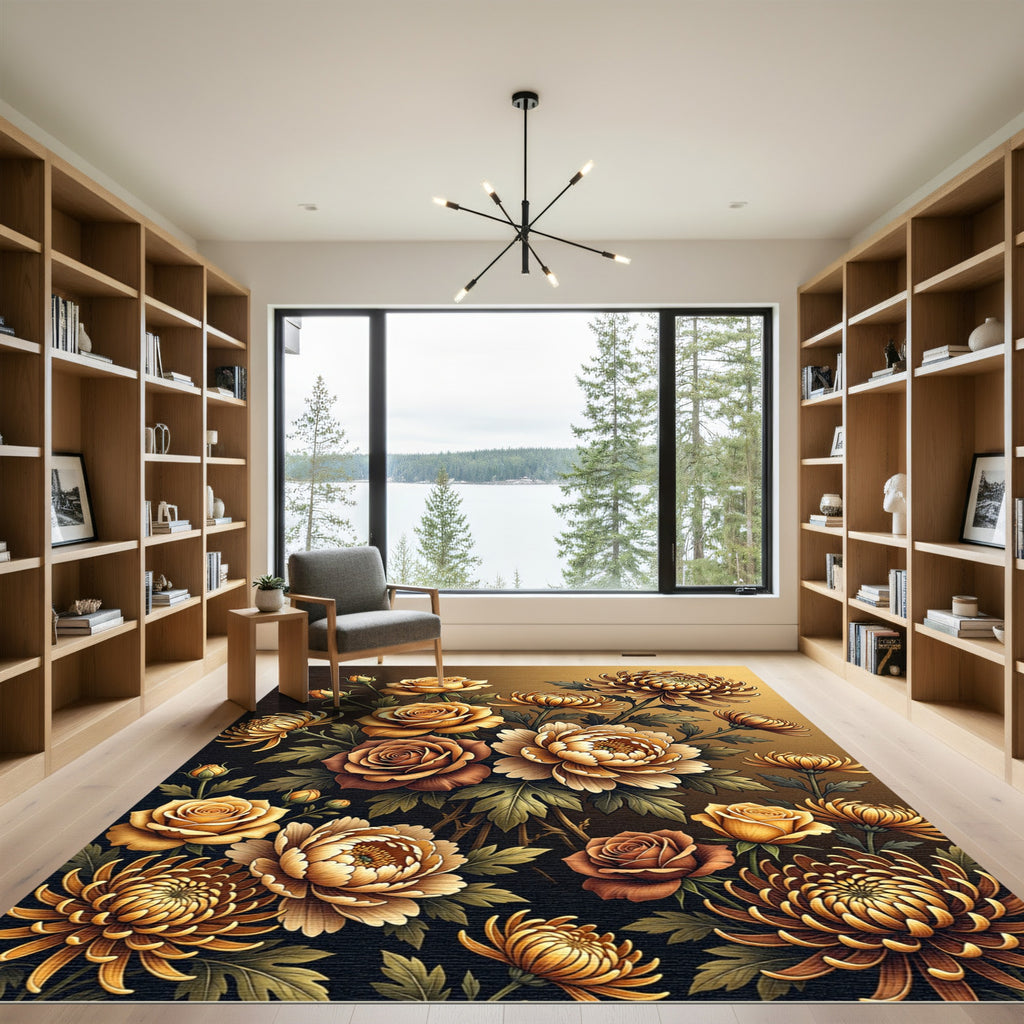 Golden Rose Chrysanthemum Blossom Arrangement Rug
