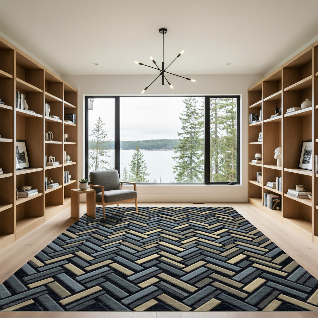 Textured Herringbone Slate and Gold Woven Rug