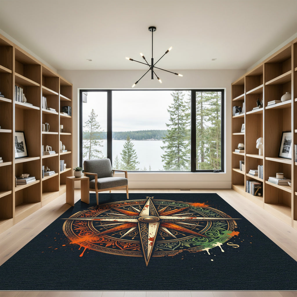 Vintage Compass Emblem Gold Ochre Teal Rug