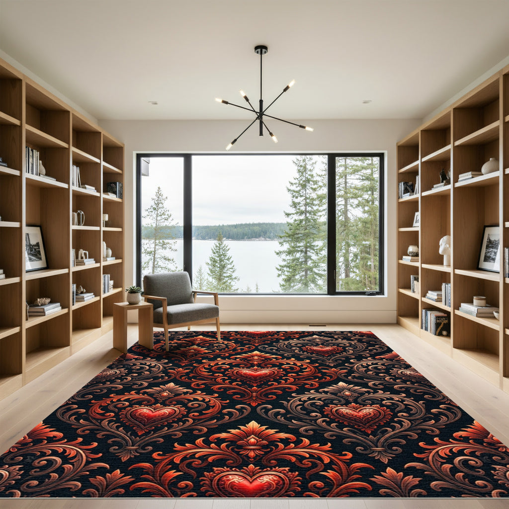 Ornate Red Heart Scrollwork Damask Rug