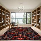 Ornate Red Heart Scrollwork Damask Rug