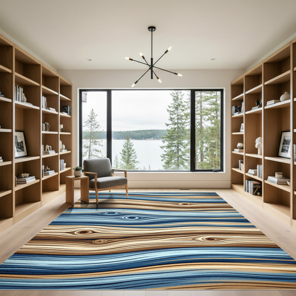 Brown Blue Wood Grain Swirls Rug