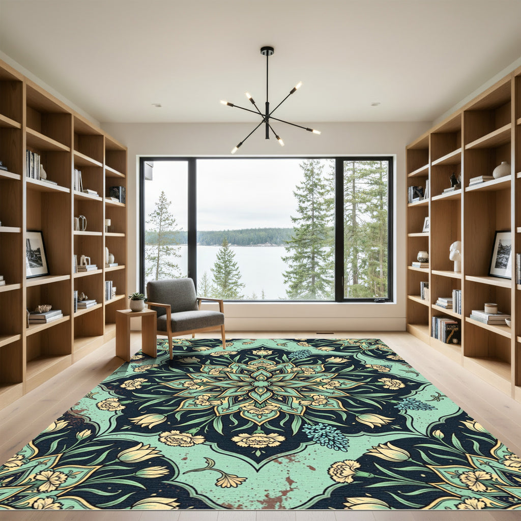Turquoise Floral Medallion Mandala Garden Rug