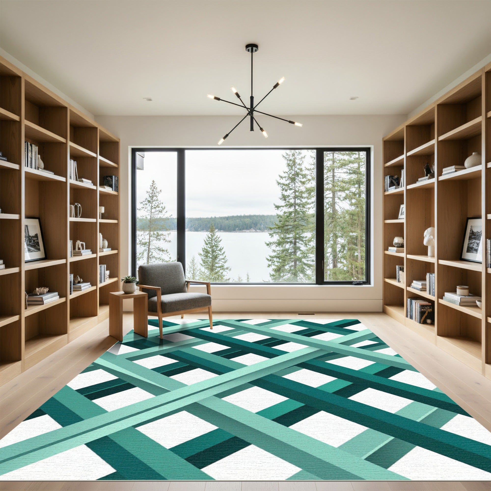 Modern Teal Intersecting Geometric Weave Rug