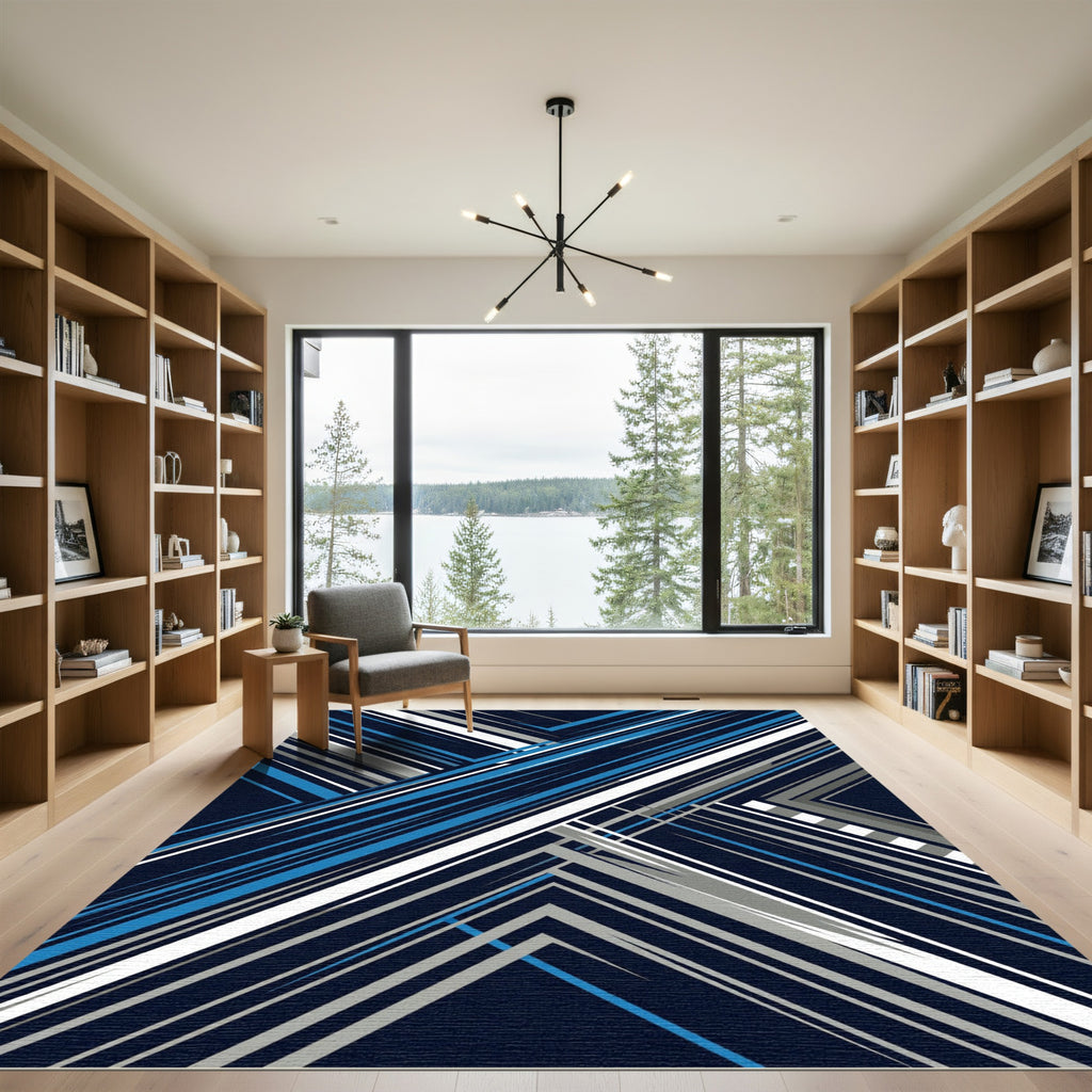 Modern Blue and Silver Diagonal Stripe Rug