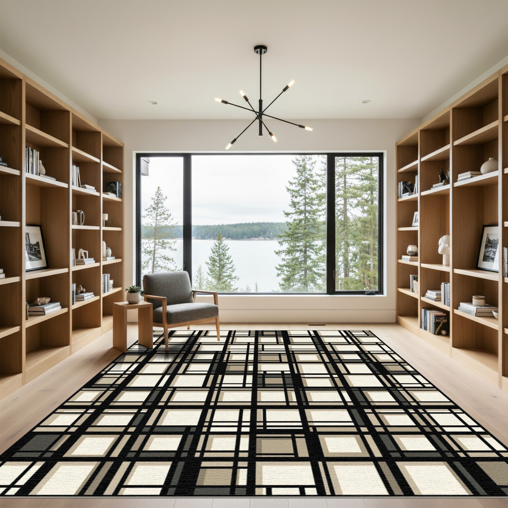 Modern Beige Grid Geometric Abstract Area Rug