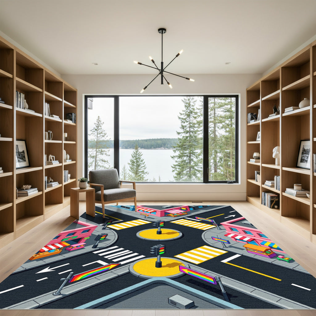 Vibrant Isometric Urban Rainbow Intersection Rug