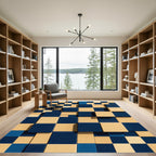 Modern Deep Blue and Cream Block Grid Rug