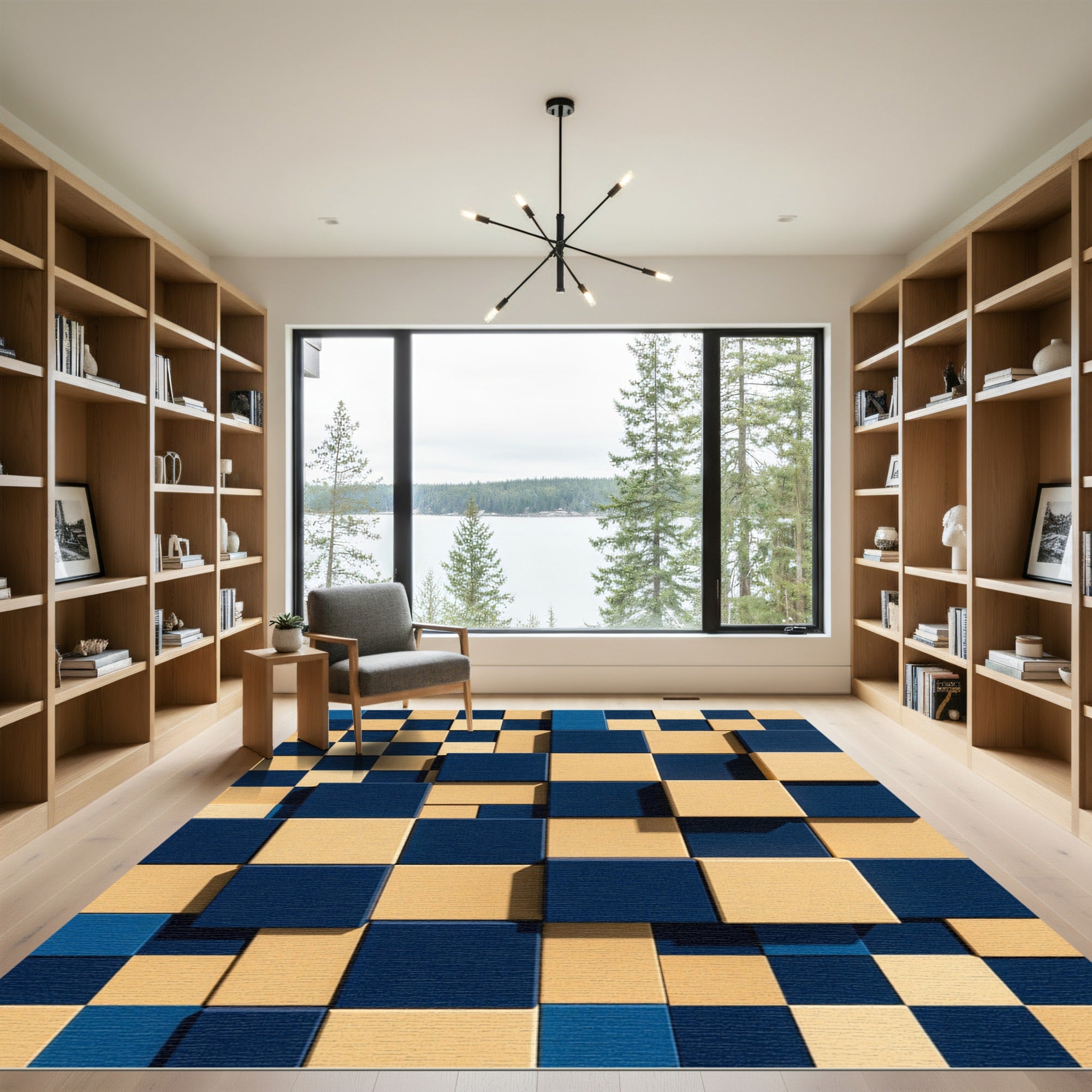 Modern Deep Blue and Cream Block Grid Rug