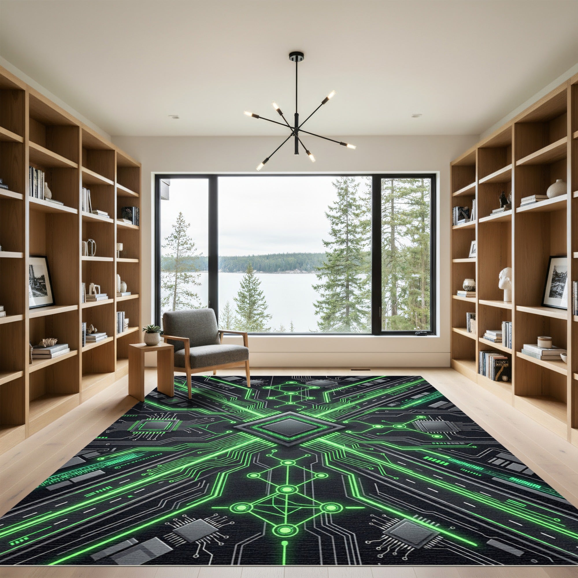 Cyber Neon Circuitry Radiant Grid Rug