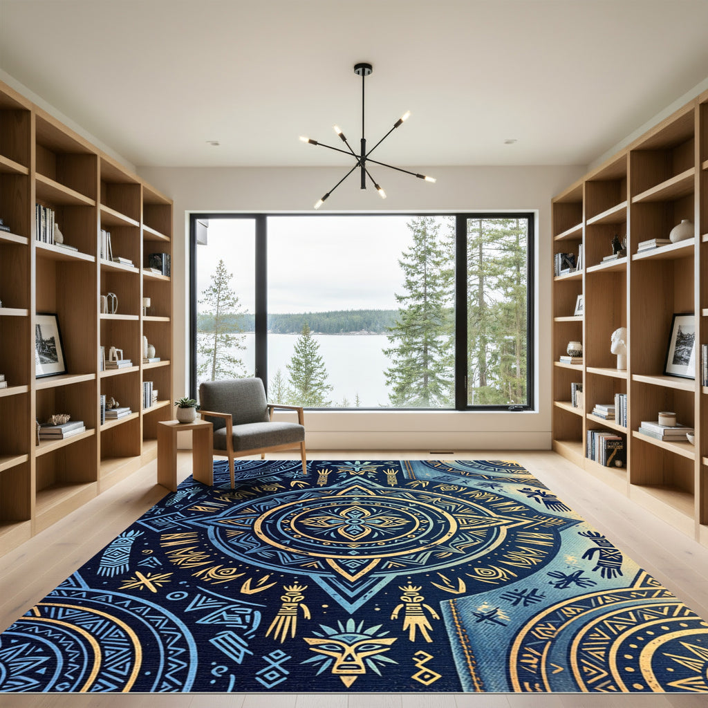 Ethereal Gold and Navy Aztec Mandala Rug