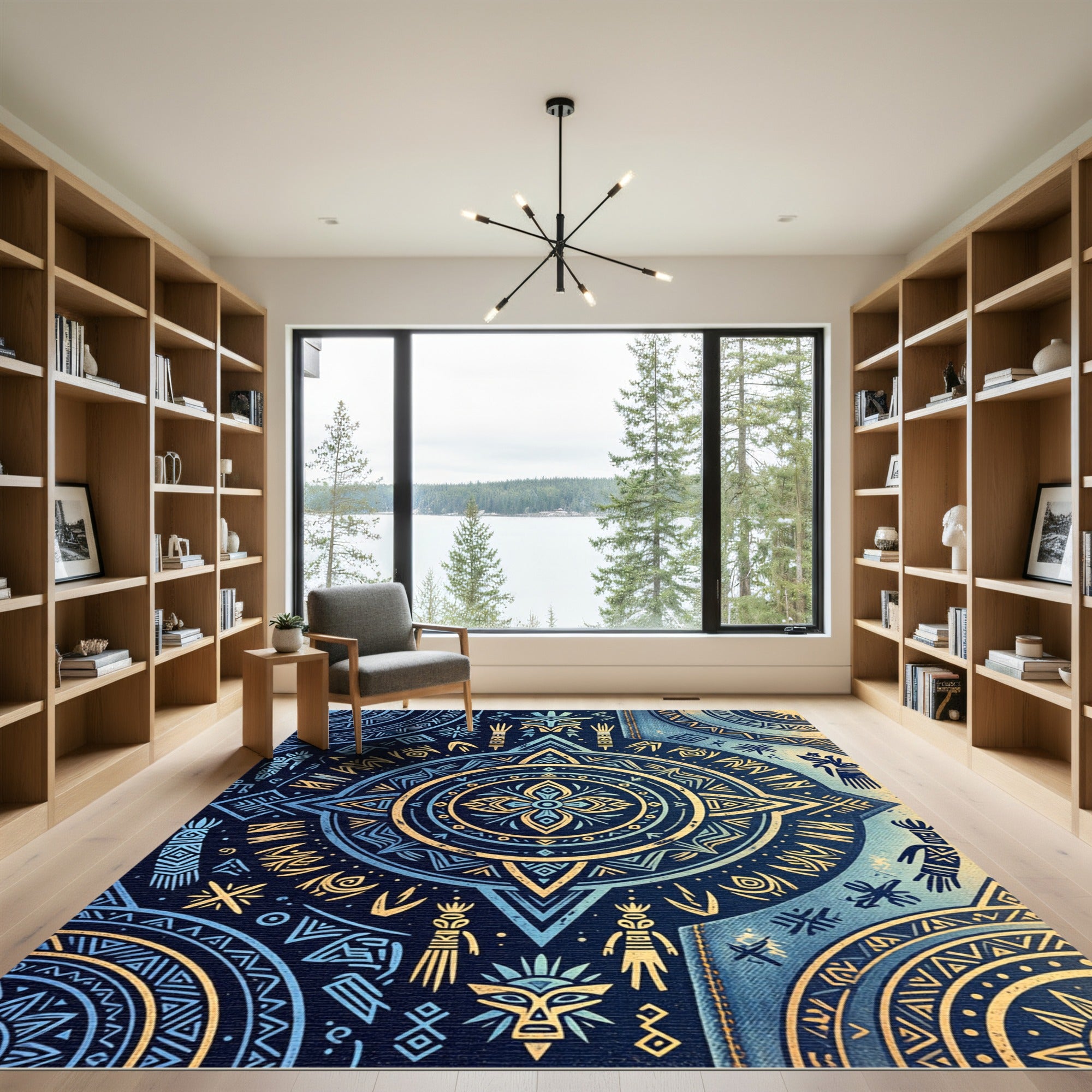 Ethereal Gold and Navy Aztec Mandala Rug