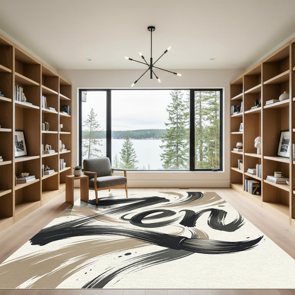 Minimalist Black and Beige Zen Calligraphy Rug