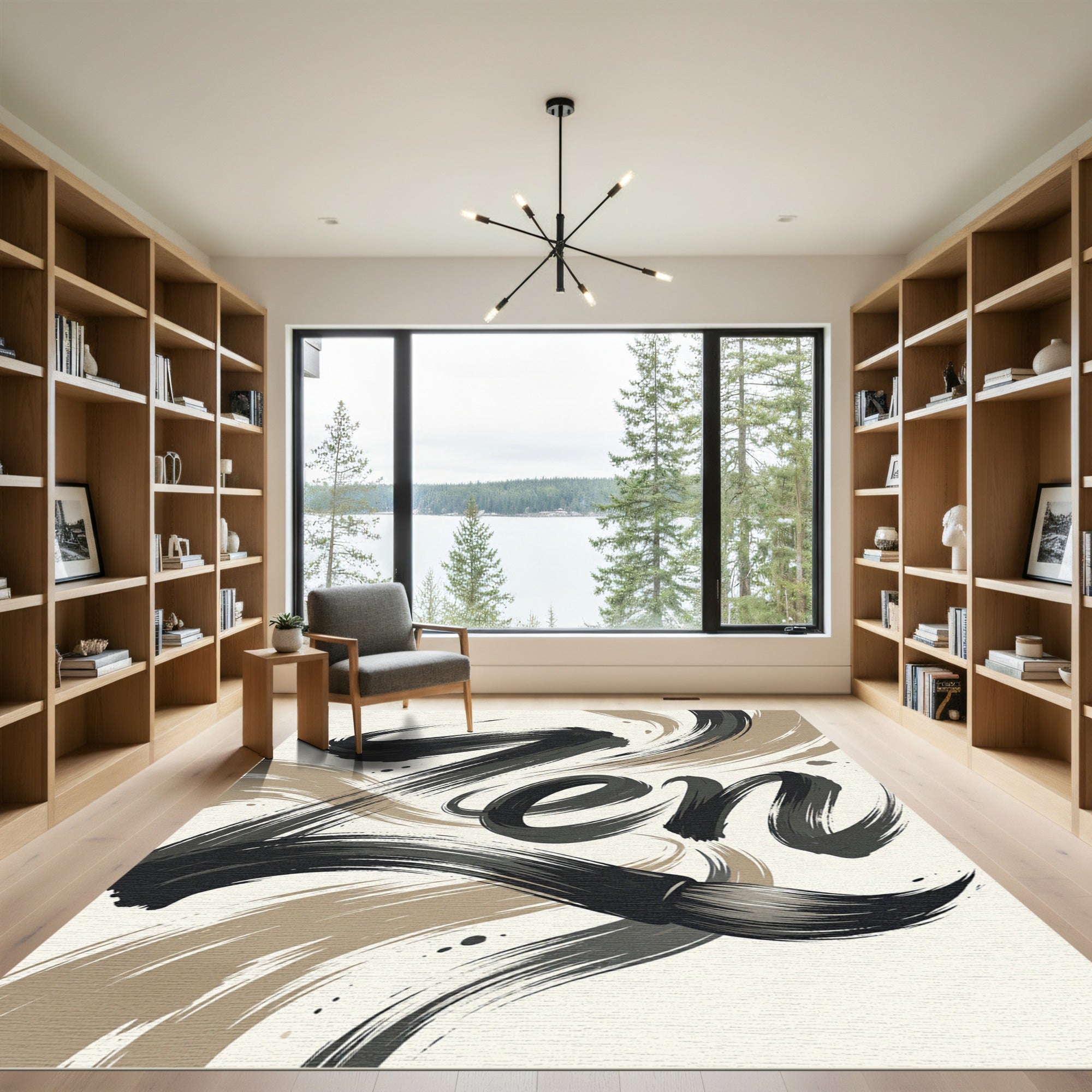 Minimalist Black and Beige Zen Calligraphy Rug