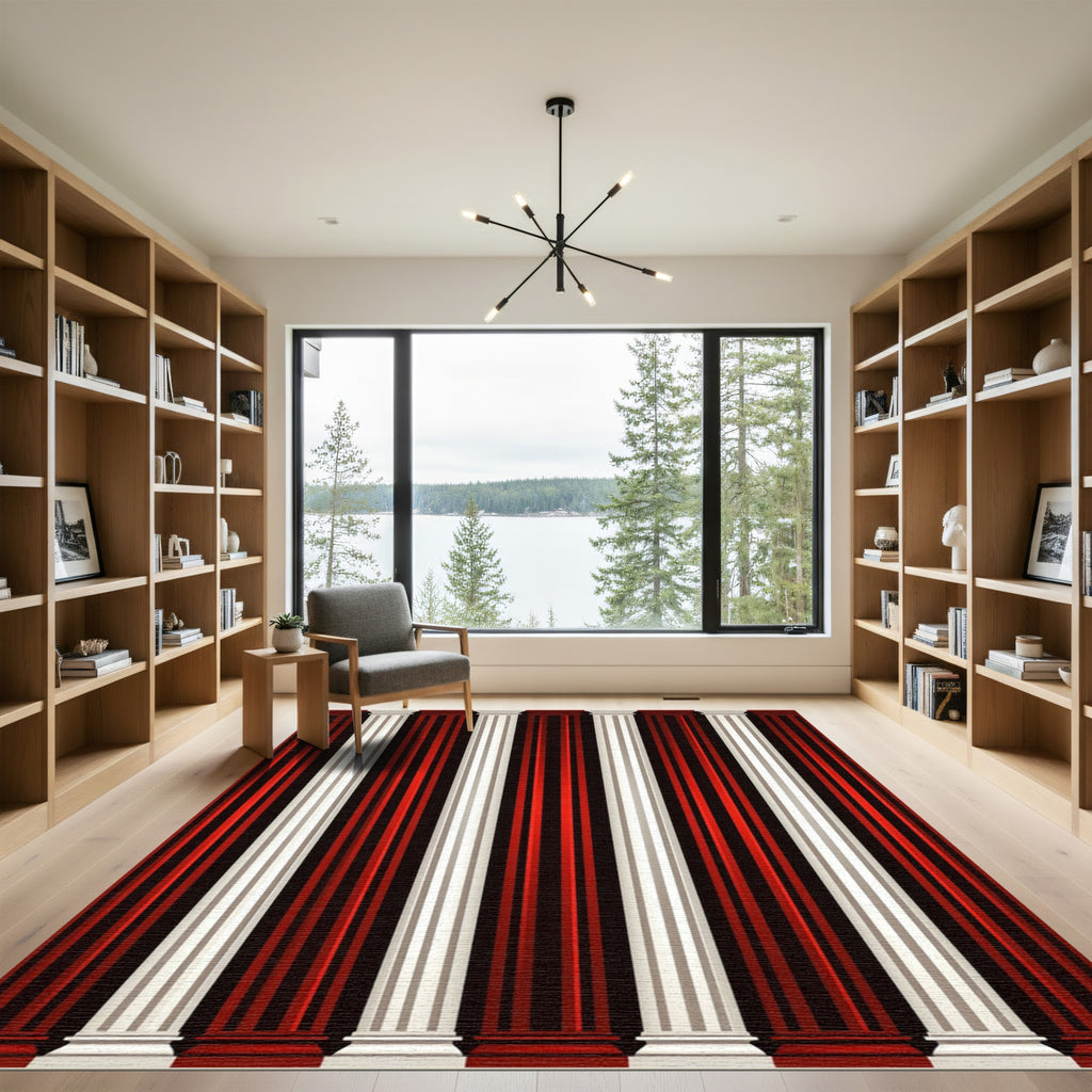 Red White Vertical Column Stripe Rug